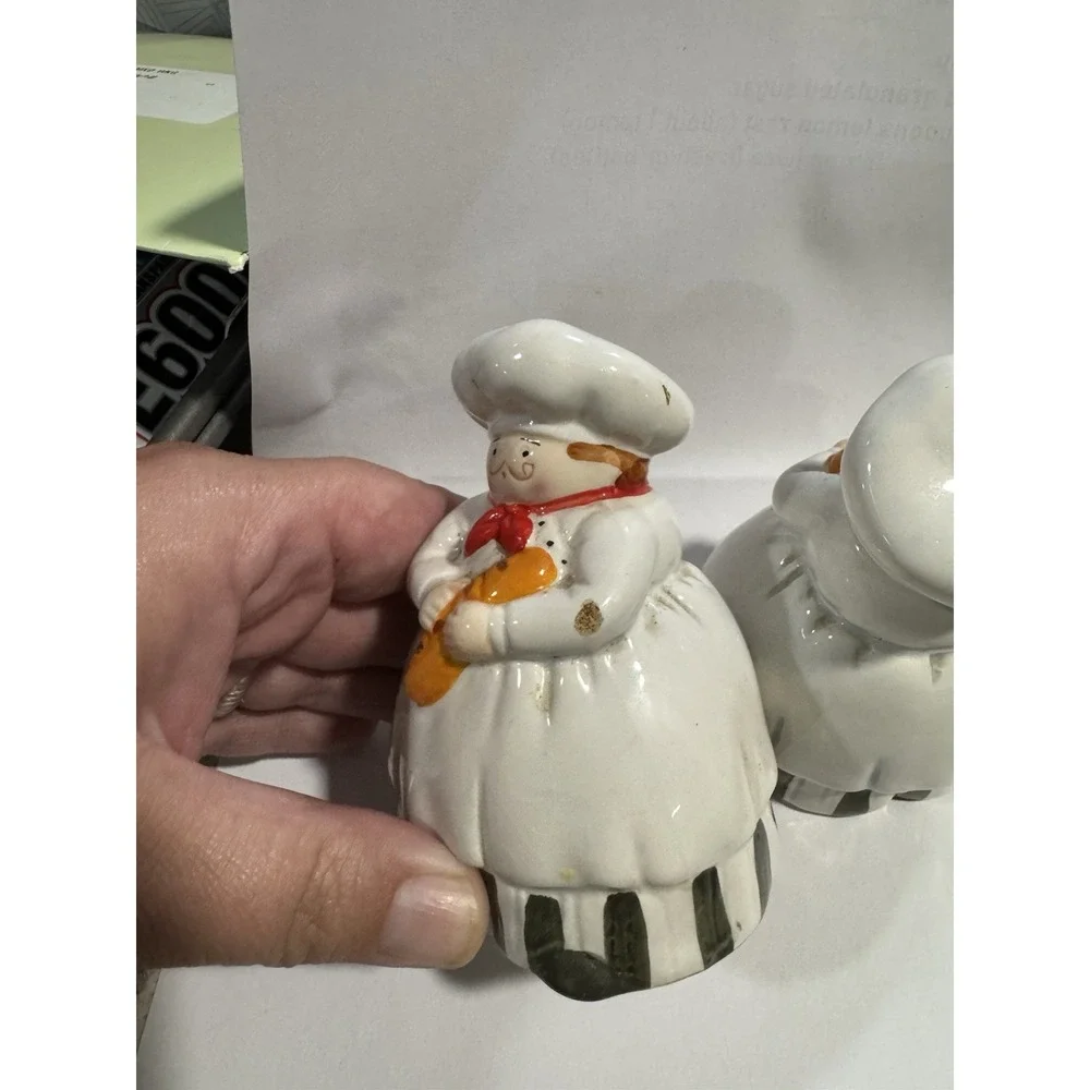 Vintage Ceramic Chef Salt and Pepper Shakers Set French Bistro Baker Baguette